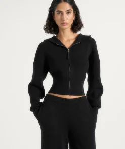 Black Torvexiatee Vexlora Ribbed Knit Cropped Hoodie with Zip Front and Flared Sleeves