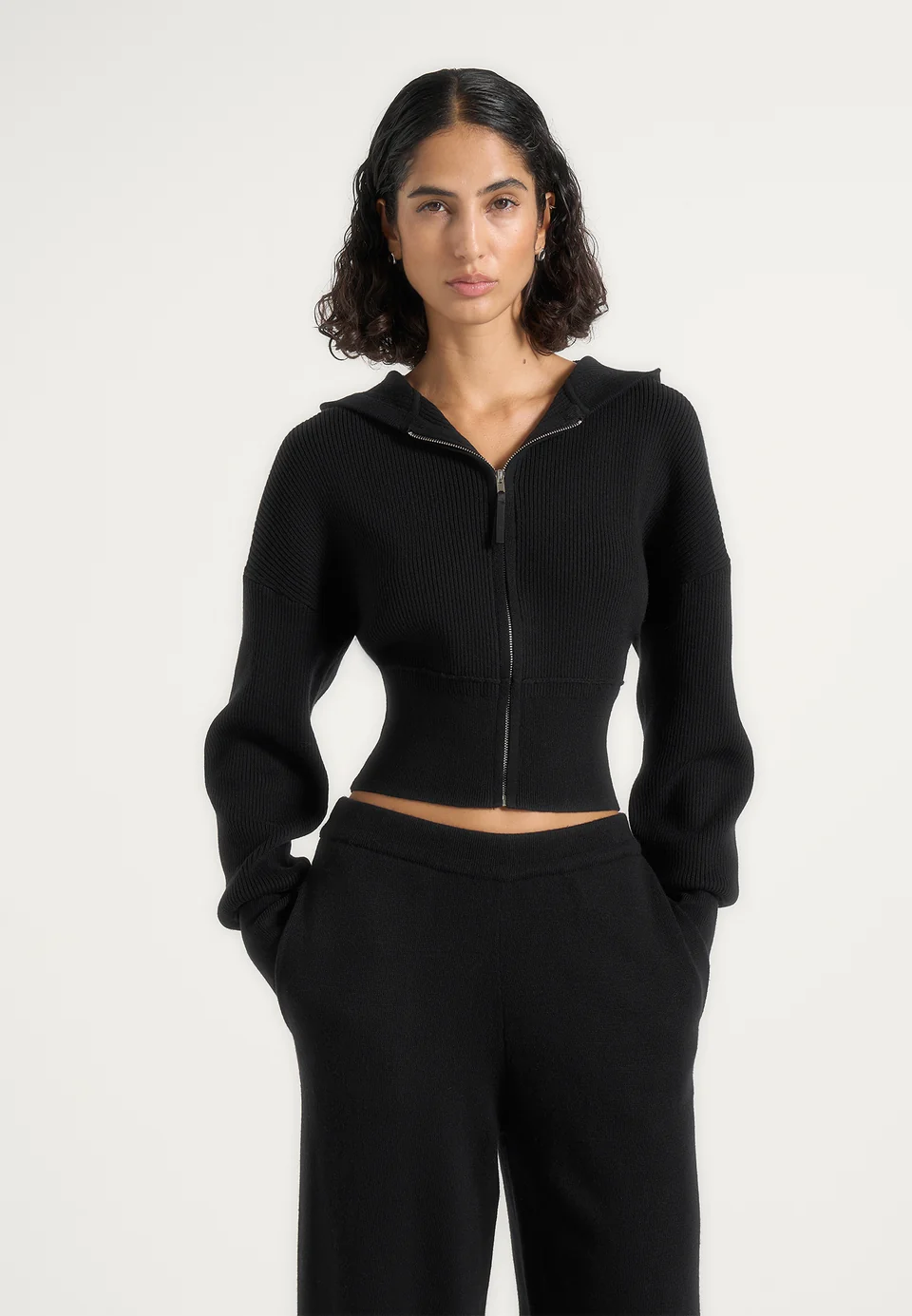 Black Torvexiatee Vexlora Ribbed Knit Cropped Hoodie with Zip Front and Flared Sleeves 3 Black Torvexiatee Vexlora Ribbed Knit Cropped Hoodie with Zip Front and Flared Sleeves
