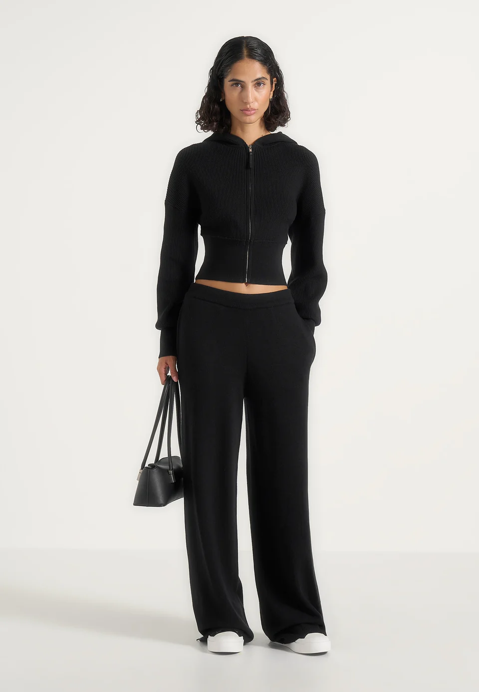 Black Torvexiatee Vexlora Ribbed Knit Cropped Hoodie with Zip Front and Flared Sleeves 4 Black Torvexiatee Vexlora Ribbed Knit Cropped Hoodie with Zip Front and Flared Sleeves - Image 2