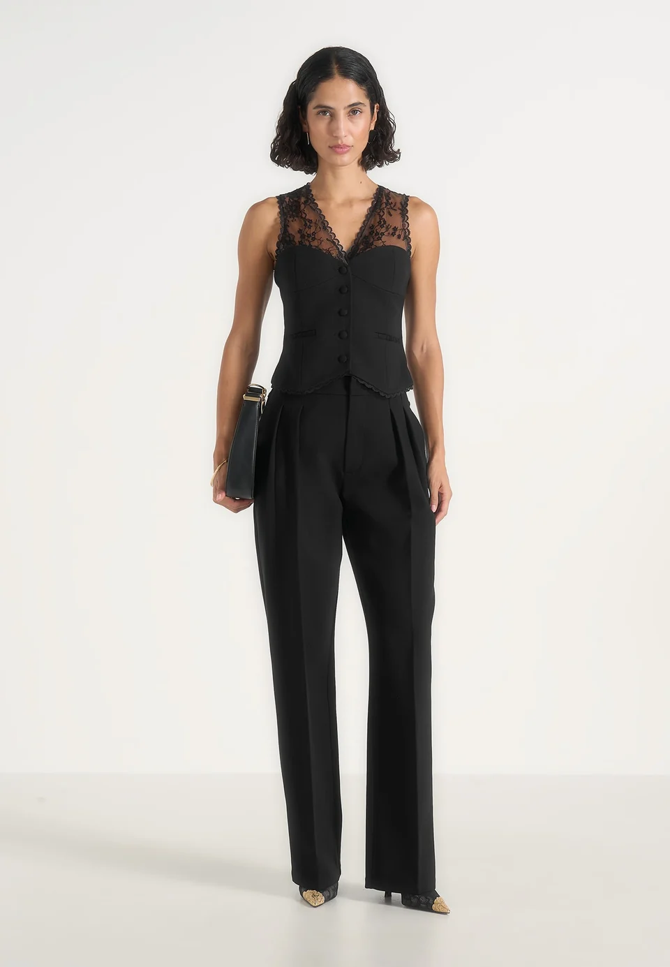 Black Torvexiatee Xavelle Tailored Button Front Vest with Sheer Floral Lace V Neck Detail 3 Black Torvexiatee Xavelle Tailored Button Front Vest with Sheer Floral Lace V Neck Detail - Image 2