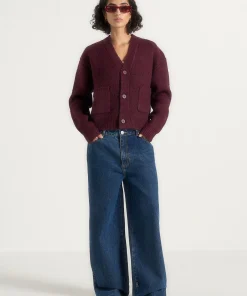 Burgundy Torvexiatee Xelvoria Relaxed Knit Cardigan with V Neck and Front Patch Pockets