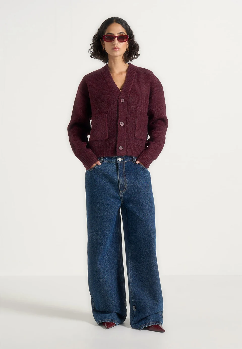 Burgundy Torvexiatee Xelvoria Relaxed Knit Cardigan with V Neck and Front Patch Pockets 3 Burgundy Torvexiatee Xelvoria Relaxed Knit Cardigan with V Neck and Front Patch Pockets