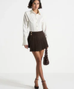 Dark Brown Torvexiatee Qivora High Waist Pleated Mini Skirt with Gold Button Accents 3