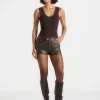 Dark Brown Torvexiatee Xavrina High Waist Faux Leather Shorts with Buckle Belt Detail 1 Dark Brown Torvexiatee Xavrina High Waist Faux Leather Shorts with Buckle Belt Detail 3