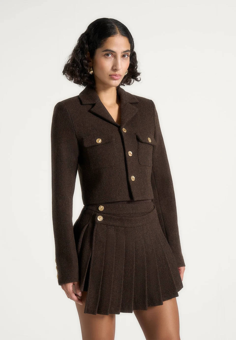 Dark Chocolate Torvexiatee Zorvella Cropped Tweed Blazer with Gold Button Accents 3 Dark Chocolate Torvexiatee Zorvella Cropped Tweed Blazer with Gold Button Accents