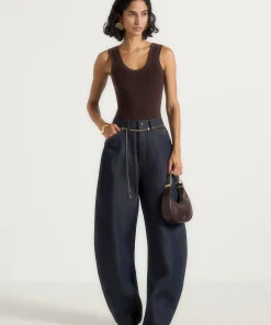 Dark Indigo Torvexiatee Xavelle Wide Leg Denim Jeans with Gold Chain Belt Detail