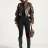 Espresso Brown Torvexiatee Veylora Cropped Faux Leather Jacket with Stand Collar
