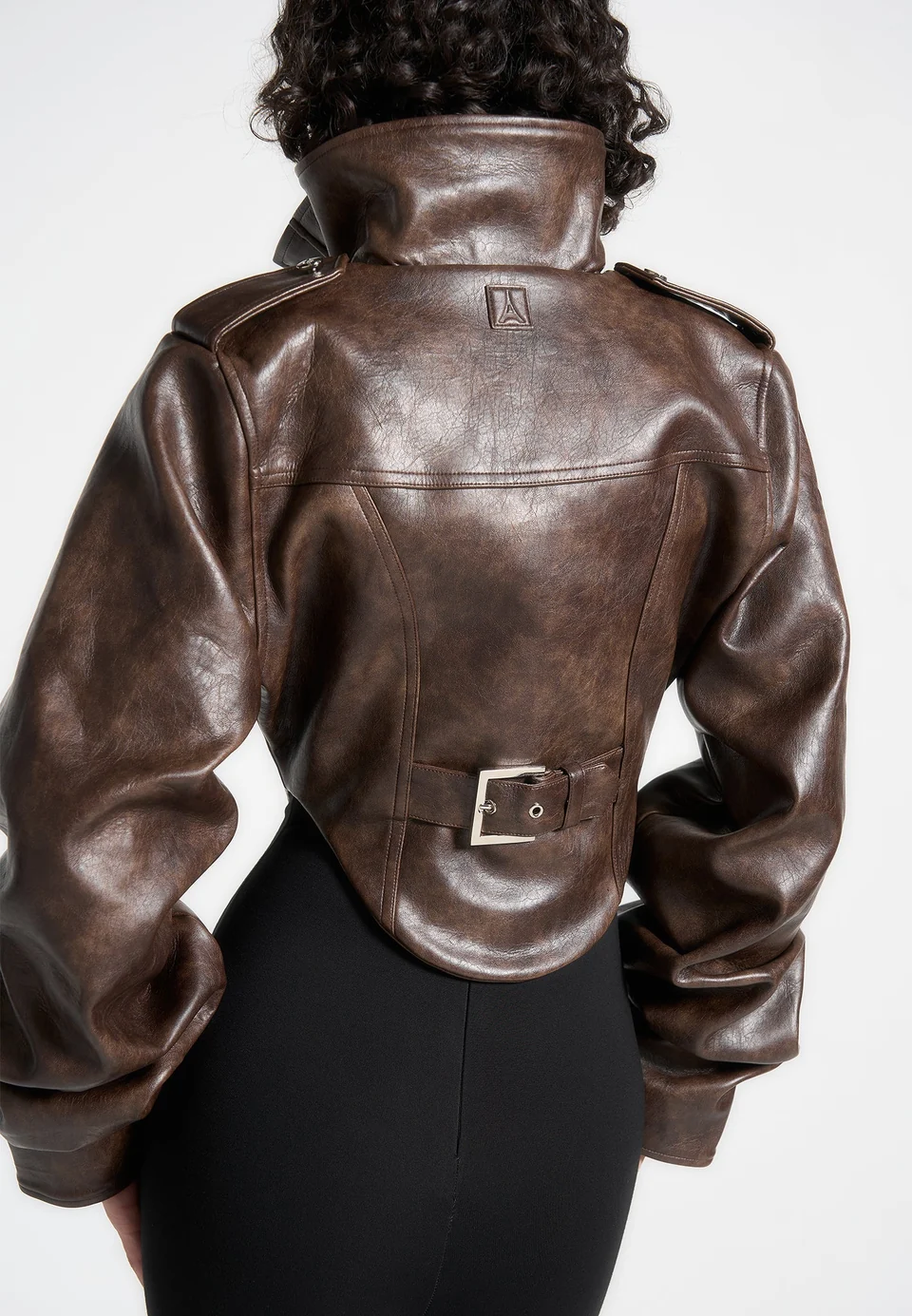 Espresso Brown Torvexiatee Veylora Cropped Faux Leather Jacket with Stand Collar 4 Espresso Brown Torvexiatee Veylora Cropped Faux Leather Jacket with Stand Collar - Image 3