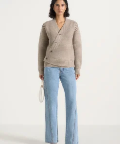 Greige Torvexiatee Vexlora Asymmetric Ribbed Knit Cardigan with Diagonal Button Closure