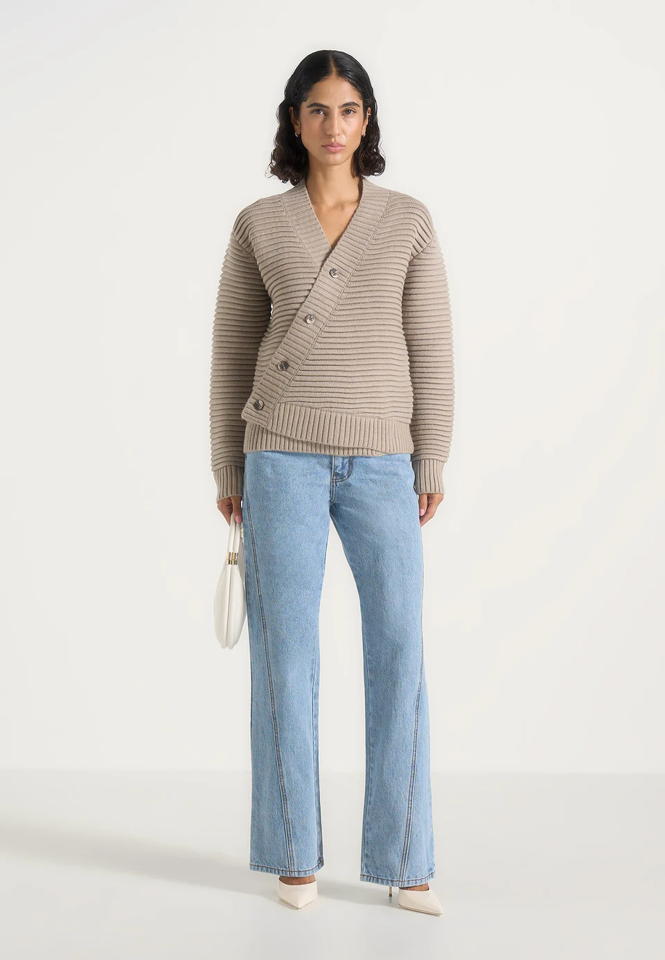 Greige Torvexiatee Vexlora Asymmetric Ribbed Knit Cardigan with Diagonal Button Closure 2 Greige Torvexiatee Vexlora Asymmetric Ribbed Knit Cardigan with Diagonal Button Closure
