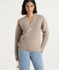 Greige Torvexiatee Vexlora Asymmetric Ribbed Knit Cardigan with Diagonal Button Closure 5 Greige Torvexiatee Vexlora Asymmetric Ribbed Knit Cardigan with Diagonal Button Closure 2