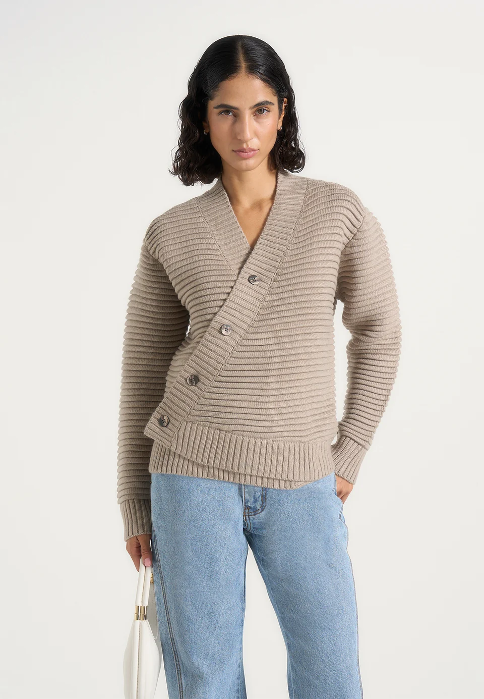 Greige Torvexiatee Vexlora Asymmetric Ribbed Knit Cardigan with Diagonal Button Closure 3 Greige Torvexiatee Vexlora Asymmetric Ribbed Knit Cardigan with Diagonal Button Closure - Image 2