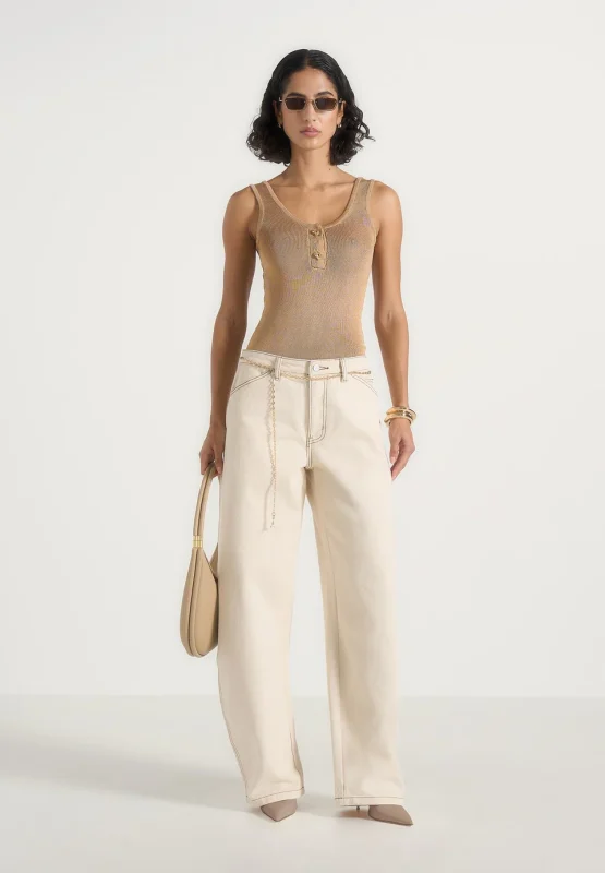 Ivory Cream Torvexiatee Zorvella Wide Leg Denim Trousers with Gold Chain Belt Detail 1