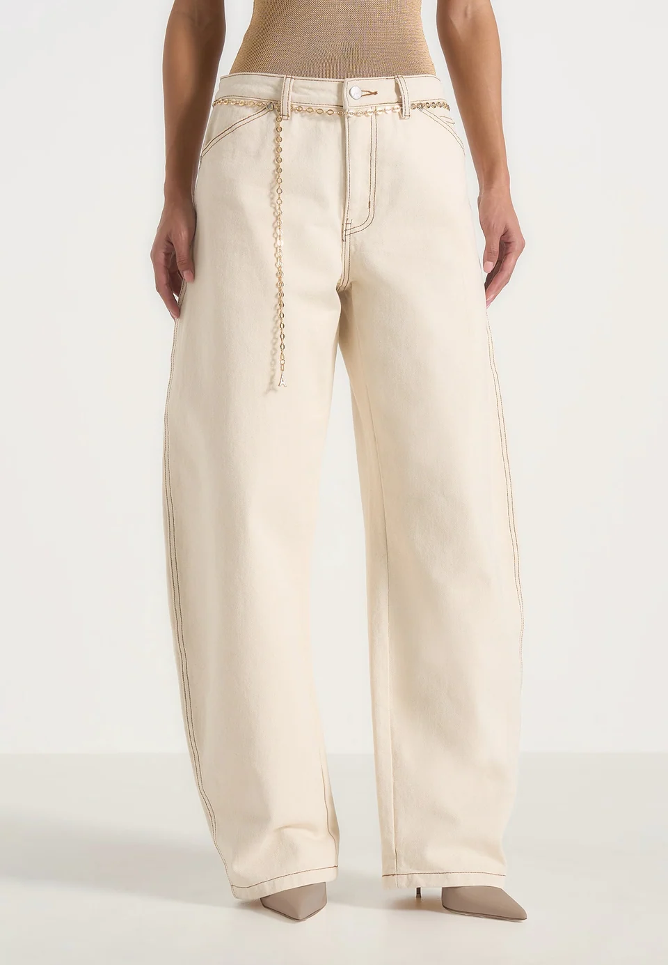 Ivory Cream Torvexiatee Zorvella Wide Leg Denim Trousers with Gold Chain Belt Detail 3 Ivory Cream Torvexiatee Zorvella Wide Leg Denim Trousers with Gold Chain Belt Detail - Image 2