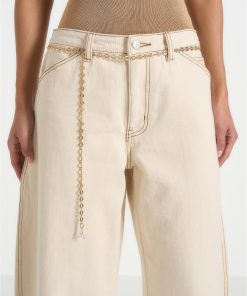 Ivory Cream Torvexiatee Zorvella Wide Leg Denim Trousers with Gold Chain Belt Detail 6 Ivory Cream Torvexiatee Zorvella Wide Leg Denim Trousers with Gold Chain Belt Detail 3
