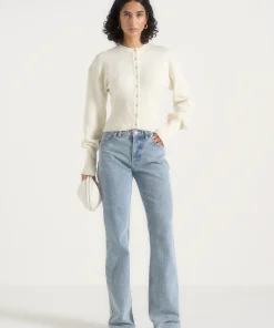 Ivory Torvexiatee Velqora Ribbed Knit Cardigan with Button Front and Fitted Waist Design
