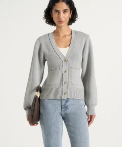 Light Gray Torvexiatee Qorvella V Neck Knit Cardigan with Gold Buttons and Front Patch Pockets