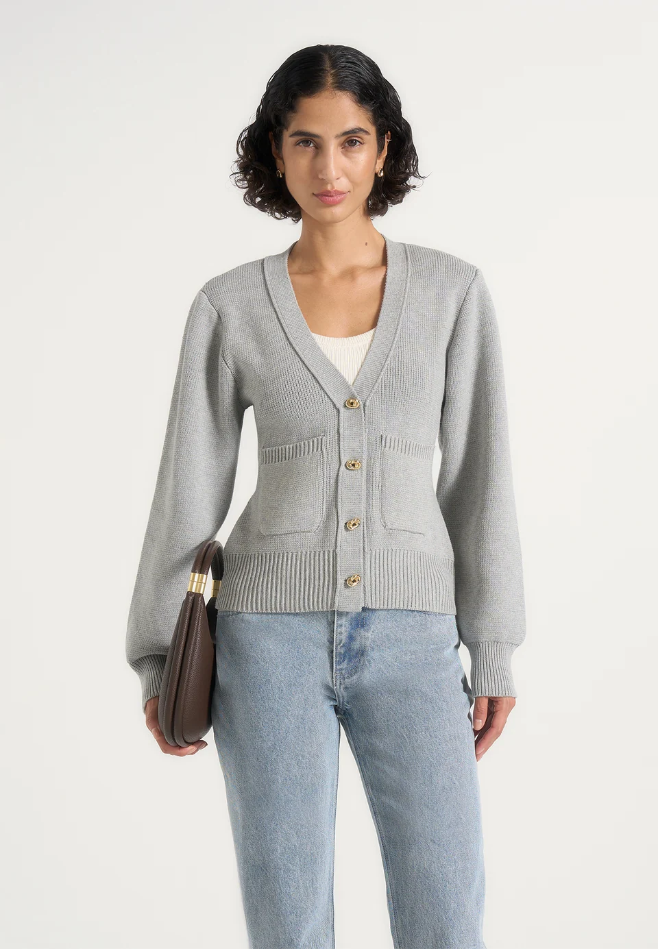 Light Gray Torvexiatee Qorvella V Neck Knit Cardigan with Gold Buttons and Front Patch Pockets 3 Light Gray Torvexiatee Qorvella V Neck Knit Cardigan with Gold Buttons and Front Patch Pockets