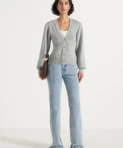 Light Gray Torvexiatee Qorvella V Neck Knit Cardigan with Gold Buttons and Front Patch Pockets 7 Light Gray Torvexiatee Qorvella V Neck Knit Cardigan with Gold Buttons and Front Patch Pockets 3