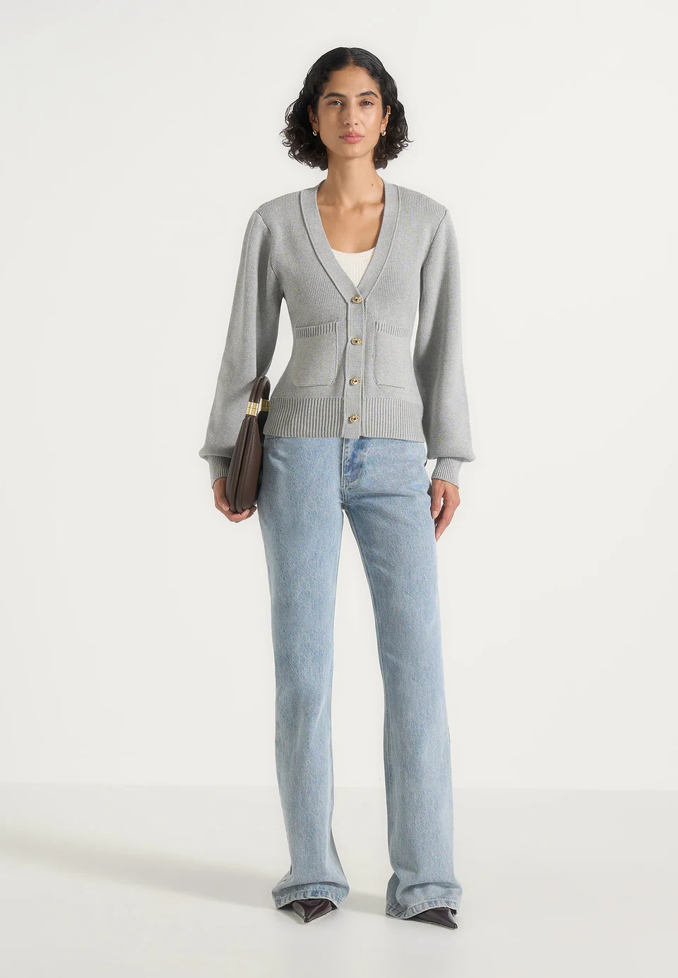 Light Gray Torvexiatee Qorvella V Neck Knit Cardigan with Gold Buttons and Front Patch Pockets 5 Light Gray Torvexiatee Qorvella V Neck Knit Cardigan with Gold Buttons and Front Patch Pockets - Image 3