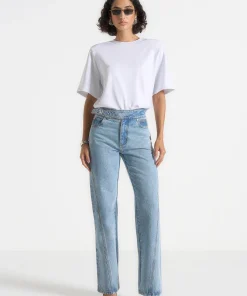 Light Wash Blue Torvexiatee Zenvora High Rise Straight Leg Jeans with Asymmetric Waistband Detail