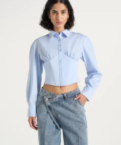 Powder Blue Torvexiatee Vynzora Cropped Button Down Shirt with Ruched Bust and Fitted Waist