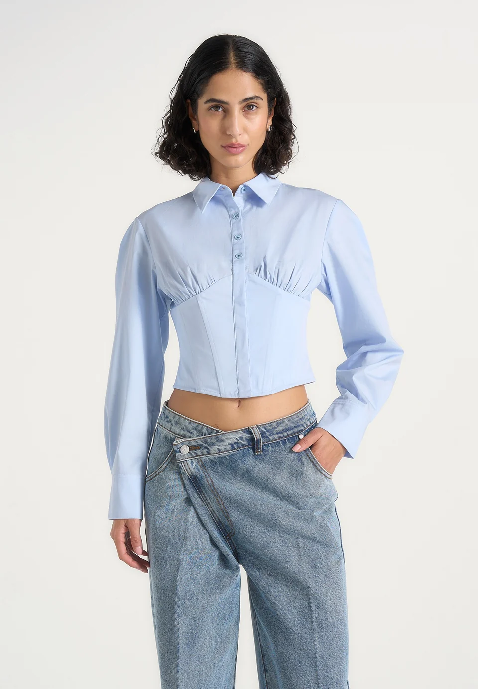 Powder Blue Torvexiatee Vynzora Cropped Button Down Shirt with Ruched Bust and Fitted Waist 3 Powder Blue Torvexiatee Vynzora Cropped Button Down Shirt with Ruched Bust and Fitted Waist