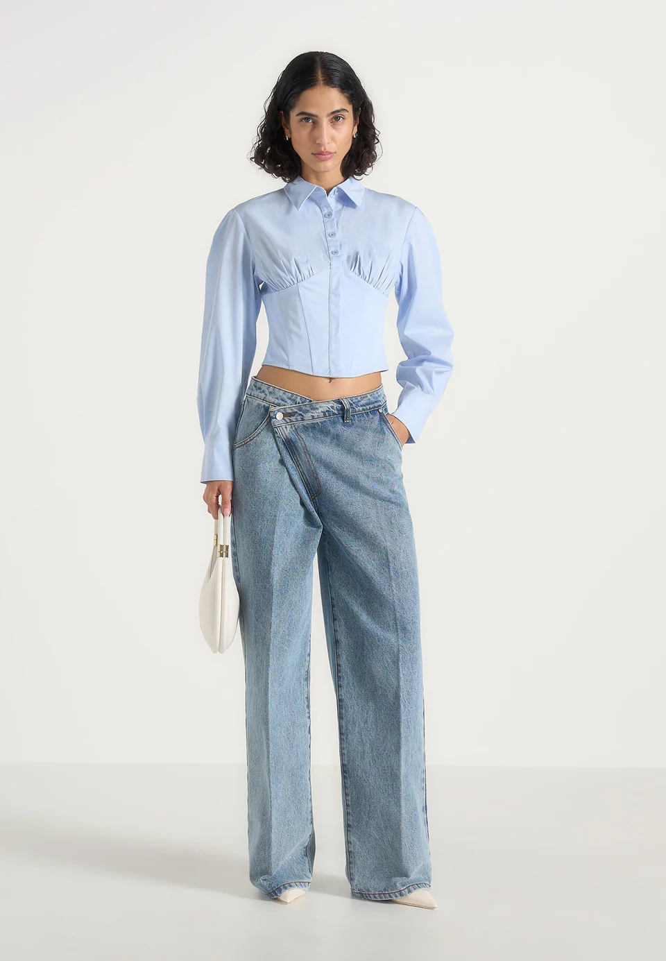 Powder Blue Torvexiatee Vynzora Cropped Button Down Shirt with Ruched Bust and Fitted Waist 4 Powder Blue Torvexiatee Vynzora Cropped Button Down Shirt with Ruched Bust and Fitted Waist - Image 2