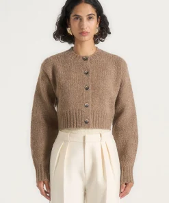 Taupe Brown Torvexiatee Zenvyra Cropped Knit Cardigan with Textured Finish and Button Front