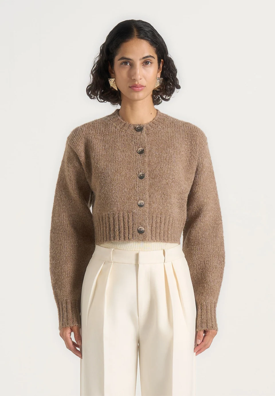 Taupe Brown Torvexiatee Zenvyra Cropped Knit Cardigan with Textured Finish and Button Front 3 Taupe Brown Torvexiatee Zenvyra Cropped Knit Cardigan with Textured Finish and Button Front