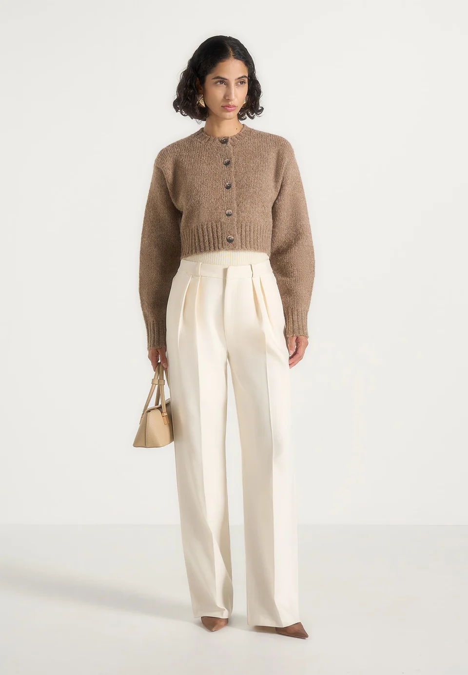 Taupe Brown Torvexiatee Zenvyra Cropped Knit Cardigan with Textured Finish and Button Front 4 Taupe Brown Torvexiatee Zenvyra Cropped Knit Cardigan with Textured Finish and Button Front - Image 2